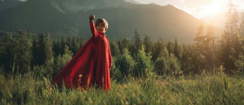 The child in a red cape standing triumphantly in nature at sunset. photo