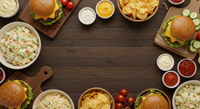Burgers and sides frame dark wood surface. Food spread for culinary ads photo