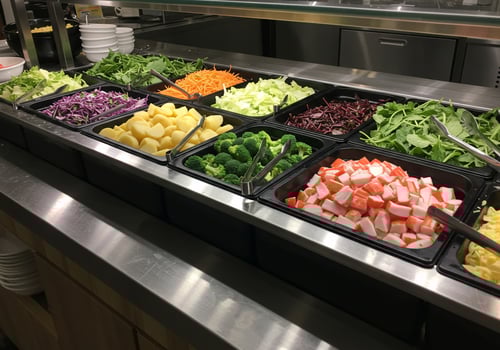 Buffet with salad bar offering fresh raw vegetables and potatoes. Healthy food photo