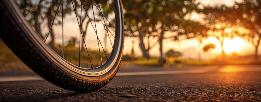 The bicycle wheel against a stunning sunset backdrop on a peaceful road. photo