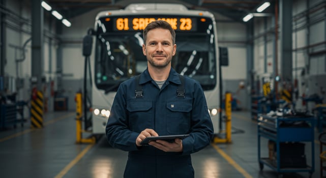 Bus Mechanic Using Digital Tablet in Repair Garage photo