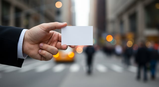 A man in a suit holding a blank business card photo