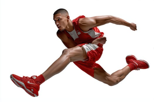 A man in a red uniform is jumping photo