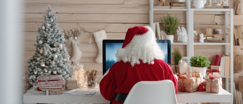 The Santa Claus working at a cozy holiday-themed desk in a festive setting. photo