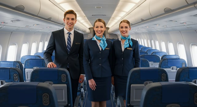 Cabin Crew Smiling on Aisle of Airplane photo