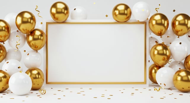 Celebration mockup with white and golden balloons surrounding a golden frame photo