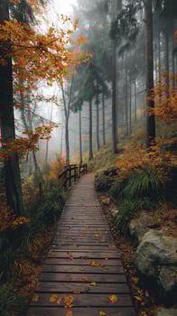 Wooden path through foggy forest with orange foliage and tall trees creates peaceful autumn scene with mist and fallen leaves scattered on trail photo