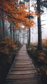Wooden path through foggy forest with orange foliage creates peaceful and mysterious atmosphere, inviting exploration and reflection in nature photo