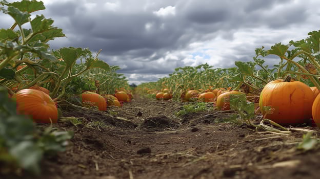 Pumpkin patch field with ripe pumpkins growing on vines under cloudy sky, autumn harvest scene with vibrant orange pumpkins and lush green leaves photo