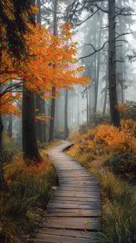 Autumn forest scene with winding wooden path through trees with orange foliage and misty atmosphere photo