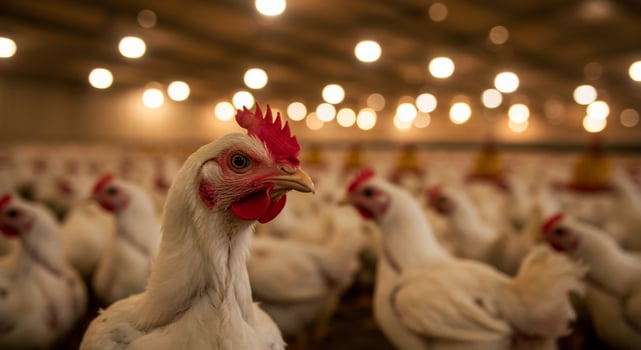 Chickens in a barn with lights on photo