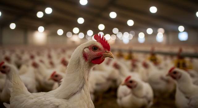 Chicken in a poultry farm, industrial breeding. photo