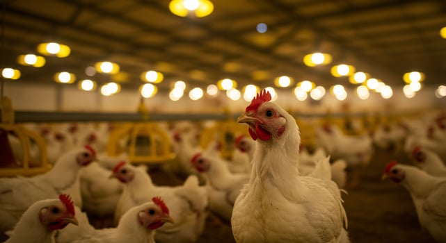 Chickens in a poultry farm under warm lights. photo