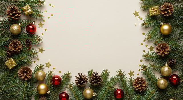 Christmas decor, pine branches, ornaments, and stars on a blank paper backdrop photo