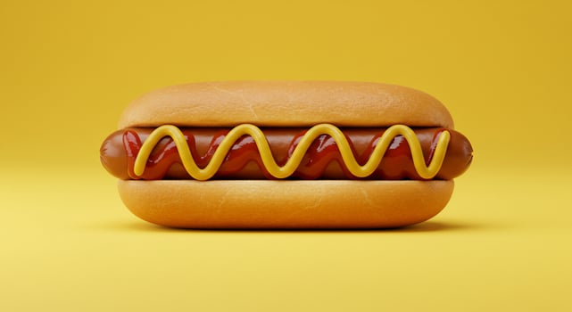 Classic Hot Dog with Ketchup and Mustard on Yellow Background photo