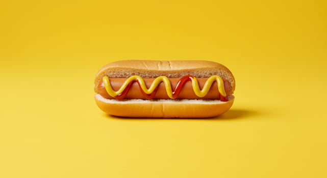 Classic Hot Dog with Mustard and Ketchup on a Yellow Background photo