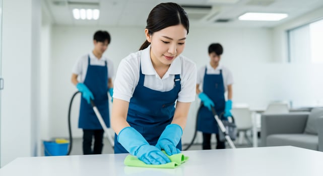 Cleaning Crew Working in a Modern Office Space photo