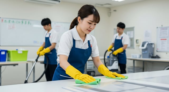 A woman in an apron and gloves cleaning a table photo