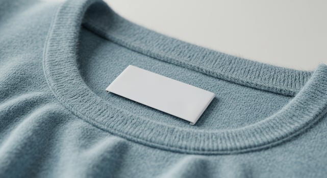 A white label on a blue sweater photo