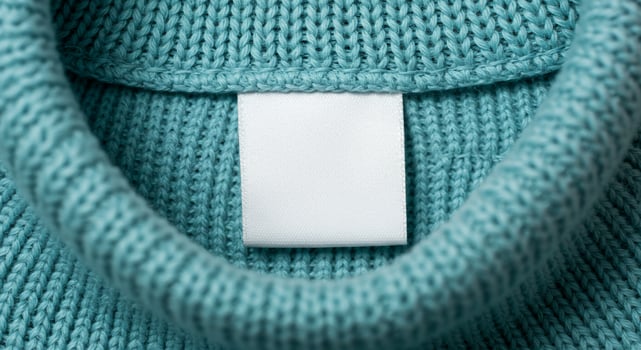 A close up of a sweater with a white label photo