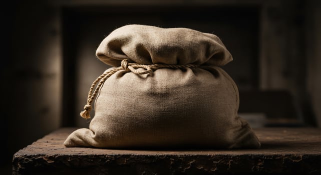 Close up of a brown burlap sack on a worn wooden table. Isolated, studio shot photo