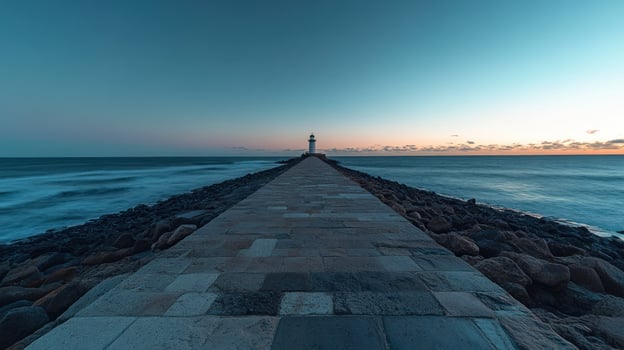 Lighthouse at dawn on a breakwater photo