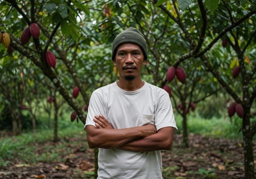 Cocoa farmer standing in a cacao plantation ready for harvest in the day photo
