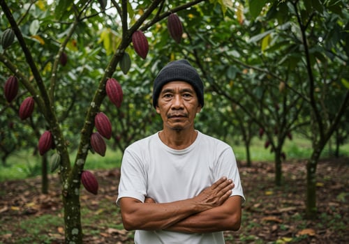 Cocoa farmer on cocoa trees plantation for harvest or promoting ethical trade photo