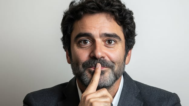 A man with a beard and suit is holding his finger to his lips photo