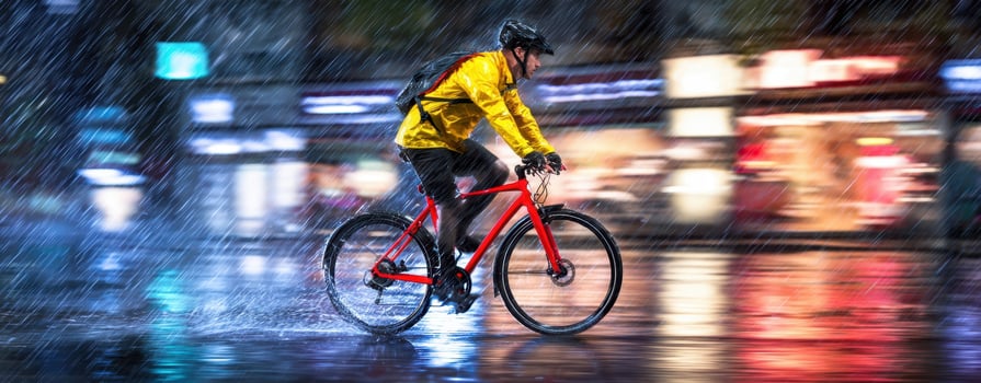 The cyclist navigating through heavy rain on a vibrant city street. photo
