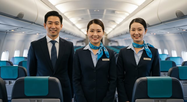 Confident Airline Crew Smiles on Empty Airplane photo