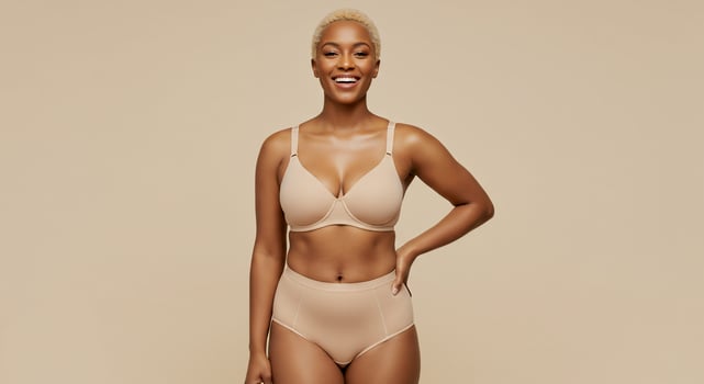 A woman in a tan bra and panties photo