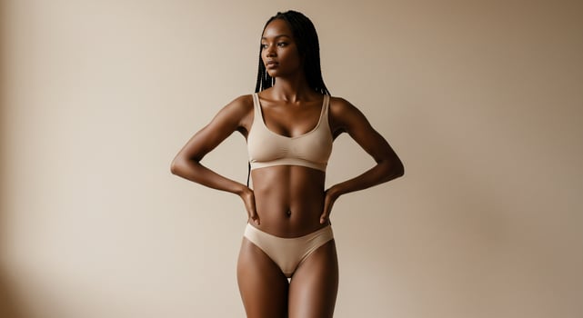 A woman in a tan bikini top and underwear photo