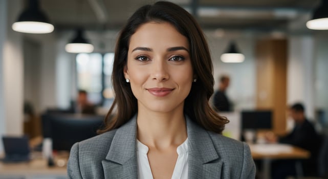 Confident businesswoman smiles in a bright office workspace ready for business photo