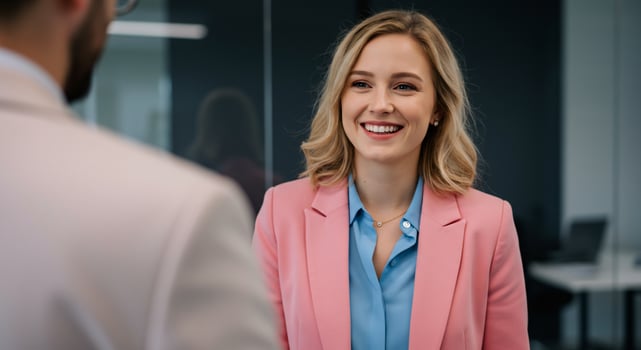 Confident Businesswoman Smiles During Office Meeting photo