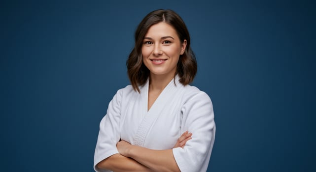 A woman in a white robe standing with her arms crossed photo