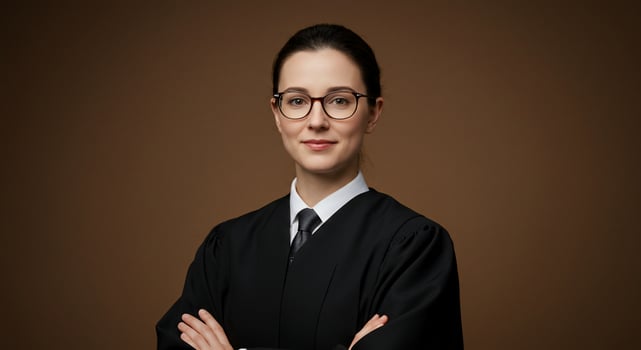 Confident Female Judge in Robe and Glasses photo