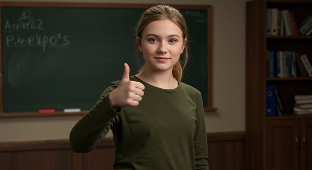 A girl giving the thumbs up sign in front of a blackboard photo