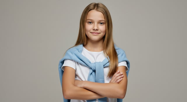 A young girl in a blue shirt and white shirt photo