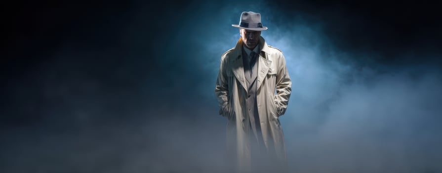 The mysterious detective stands confidently amidst the fog and shadows. photo