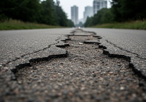 Cracked asphalt road with city buildings background for infrastructure projects photo