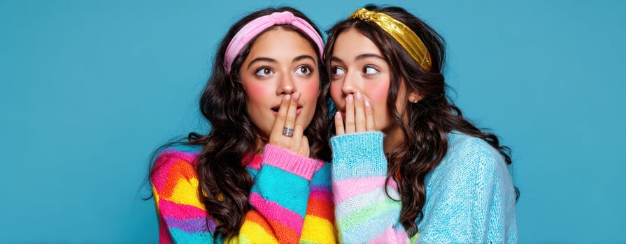 The joyful moment of two friends sharing a secret in vibrant colors. photo