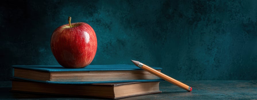 The vibrant apple resting on books with a pencil in an educational setting. photo
