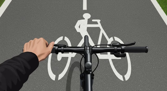 A hand is holding the handle of a bicycle on a road photo