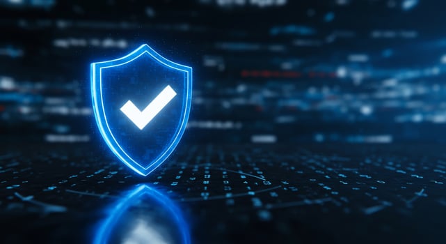 Digital cybersecurity blue shield with checkmark glows against dark tech backdrop photo
