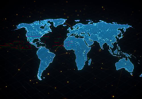 Digital blue world map connects countries, global data network, background dots photo