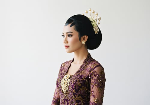 Elegant Indonesian bride in traditional attire poses against a plain background photo
