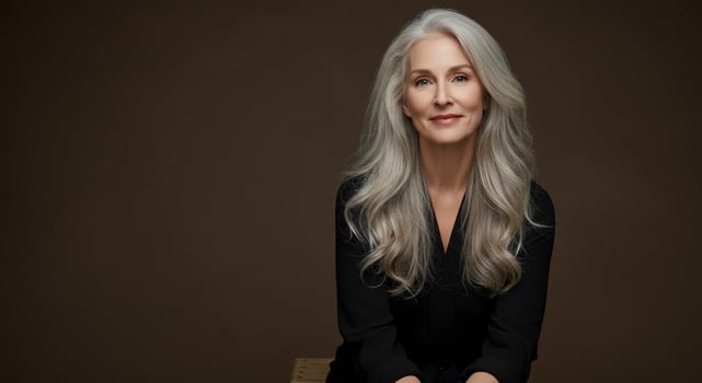 A woman with long white hair sitting on a chair photo