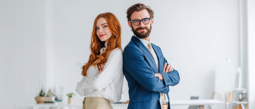 The confident business professionals standing back to back in modern office setting. photo