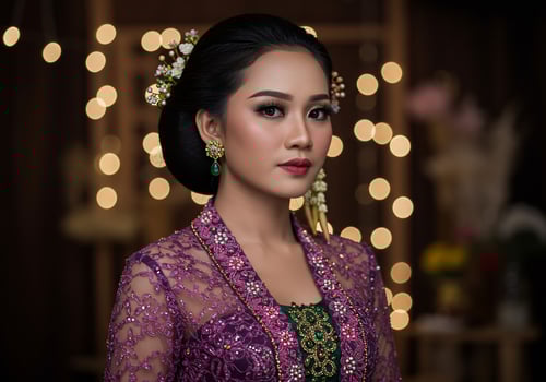 Elegant woman in traditional purple dress at indoor event with bokeh background photo